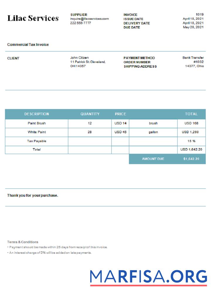 Printable USA Lilac Services invoice download for verification